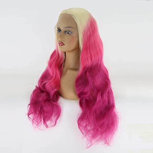 BTWTRY Blond Омбре Розово Синтетични Перука Дантела Отпред за Черни Жени Със Средно Пробором Дълги Къдрави Перуки, изработени от устойчиви