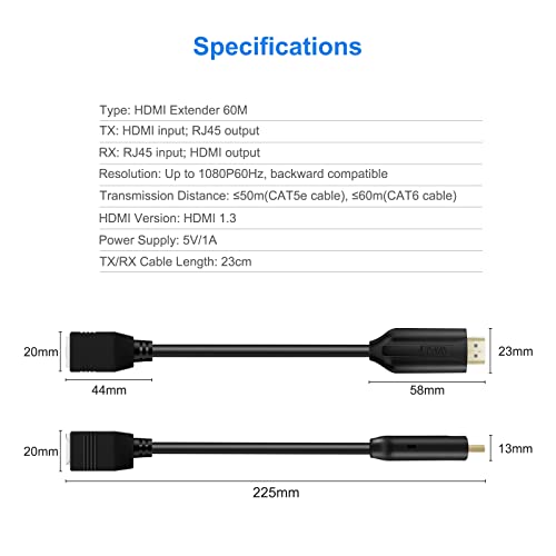 Удължителен кабел мрежов кабел, HDMI, RJ-45 1 Чифт Разширители HDMI Предавател и Приемник Мрежа RJ45 с кабел Cat5e/6 с Дължина