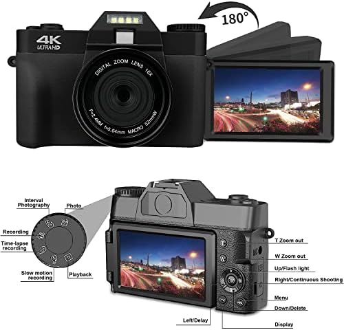 Цифров фотоапарат Acuvar 4K 48MP за фотография, Място за видеоблогинга за YouTube с 3-инчов повратна екран на 180 °, Wi-Fi,