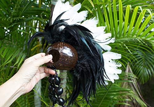 Много Големи Каски от пера хавайския войн Икаика Макак в кокосова черупка (черно / бяло)