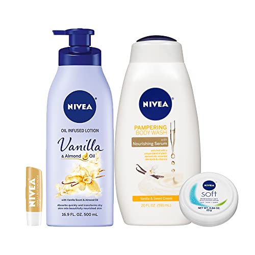 Комплект за грижа за себе NIVEA Very Vanilla - комплект от 4 теми с лосион за тяло за суха кожа, Хидратиращ средство за