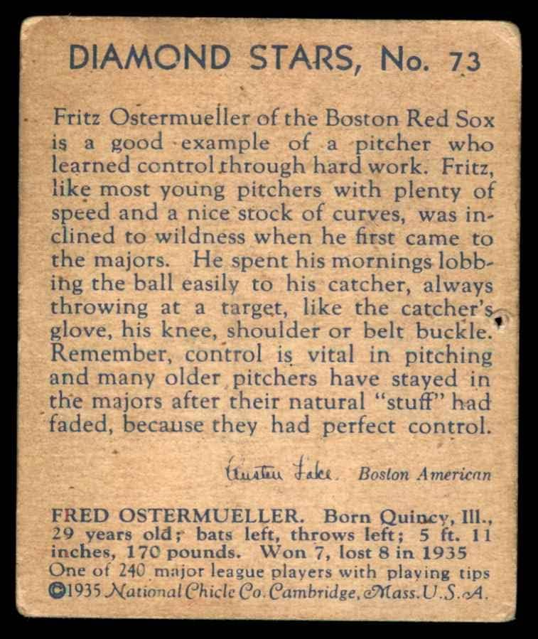 1935 Диамантени звезди 73 Фриц Остермюллер на Бостън Ред Сокс (Бейзболна картичка) PHAIR Ред Сокс