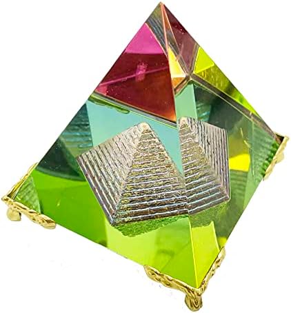 Боядисана Кристален Пирамидка Aashita Creations Fengshui На Златен Стойка за Корекция на Васту, Късмет и Просперитет (7 см)