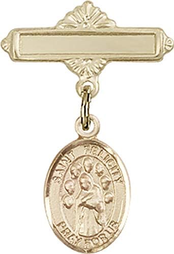 Детски икона Jewels Мания с чар Свети Фелисити и полирани игла за бейджа | Детски икона от 14-каратово злато с чар Свети Фелисити