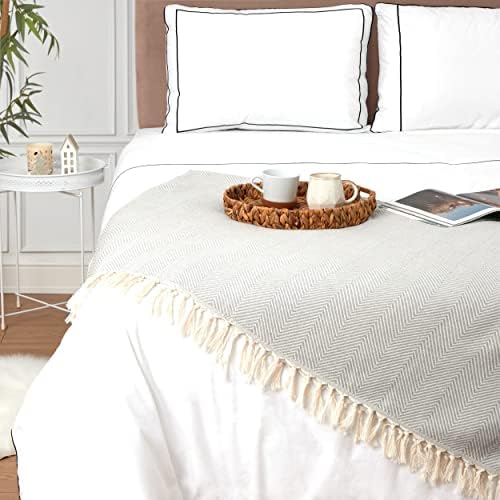 Домашен одеяло Mykonos за дивана - Вязаное одеало от чист турски памук с пискюли, Уютно, лесно, еко-приятелски, Меко Одеало за легло,