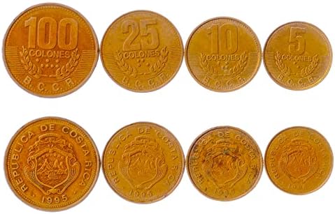 4 Монети от Коста Рика | Колекция от монети на Коста рика Тико 5 10 25 100 Колонов | В обращение 1995 | Кораб | Звезда | Вулкан