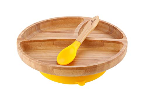 Разделителната чиния и лъжица за деца от бамбук Avanchy - 8,5 x 2.5 (жълта) + Спортни вилици Avanchy Бамбук за деца - 5,5 L x 1,25 W