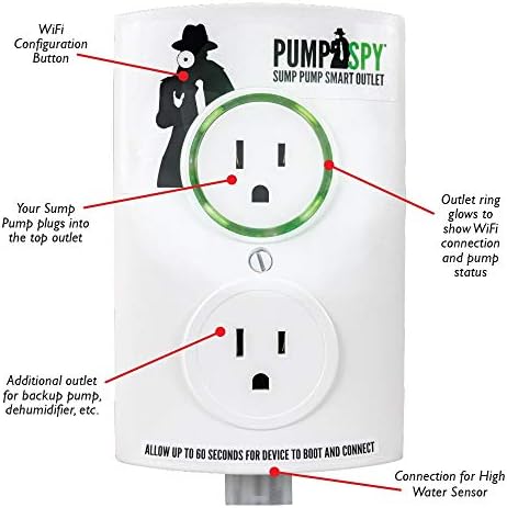 PumpSpy WiFi Помия помпа Умна контакт с датчик за нивото на водата в отстойнике, мониторинг и предупреждение 24/7, Работи с всички отстойным помпа 120 В, Има допълнителен изх