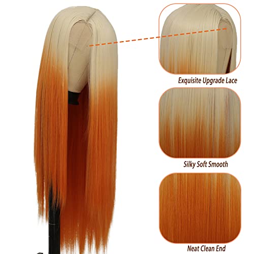 Amnenl директни перуки, направени от светлите до оранжево за жени, синтетични косми на дантели отпред, средната част на