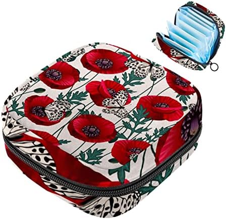 Червени Макове Цветя Пеперуда Чанта За Съхранение на Хигиенни Кърпички Чанта за Менструални Тампони Преносим Чанта за Менструалната Чашка