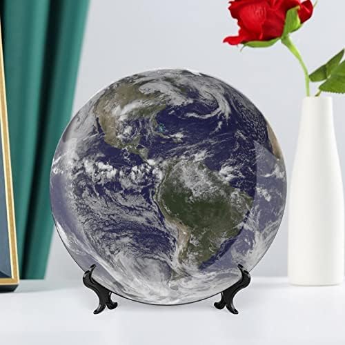 Земята в Космоса Реколта Декоративна Чиния от Костен Порцелан със Стойка за Дисплея на Хубава Чиния Подарък За Дома