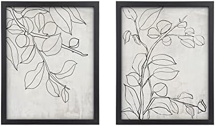 ArtbyHannah Стенни рисунки в рамка с размер 11x14 с черно-бели щампи ботанически растения, Черна рамка, Готова да бъде обесен,