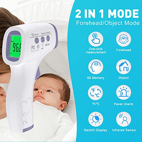 Цифров термометър за възрастни и деца, Безконтактен Термометър за челото за бебе Инфрачервен Термометър с режим на повърхността на тяло 2 в 1, с аларма за температур