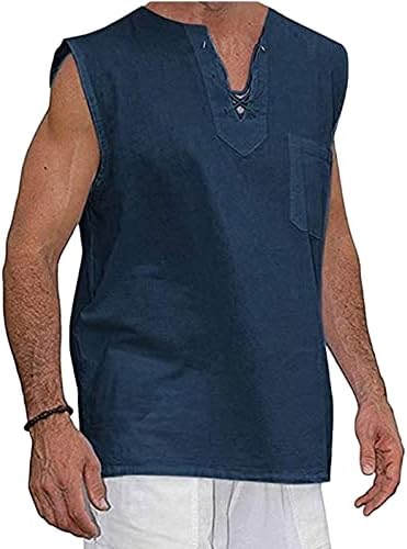 Памучен Бельо Риза за Мъжете, Плажни Ризи, Лятна Ежедневни Мешковатая Тениска Без Ръкави, с V-образно деколте и завязками, Модни Върхове