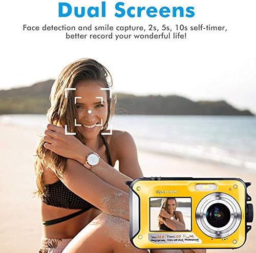 Spardar Водоустойчива Камера, Подводна Камера с Full HD 1080P 24.0 MP Видео Селфи С Два Екрана 16-Кратно Цифрово Увеличение Водоустойчив