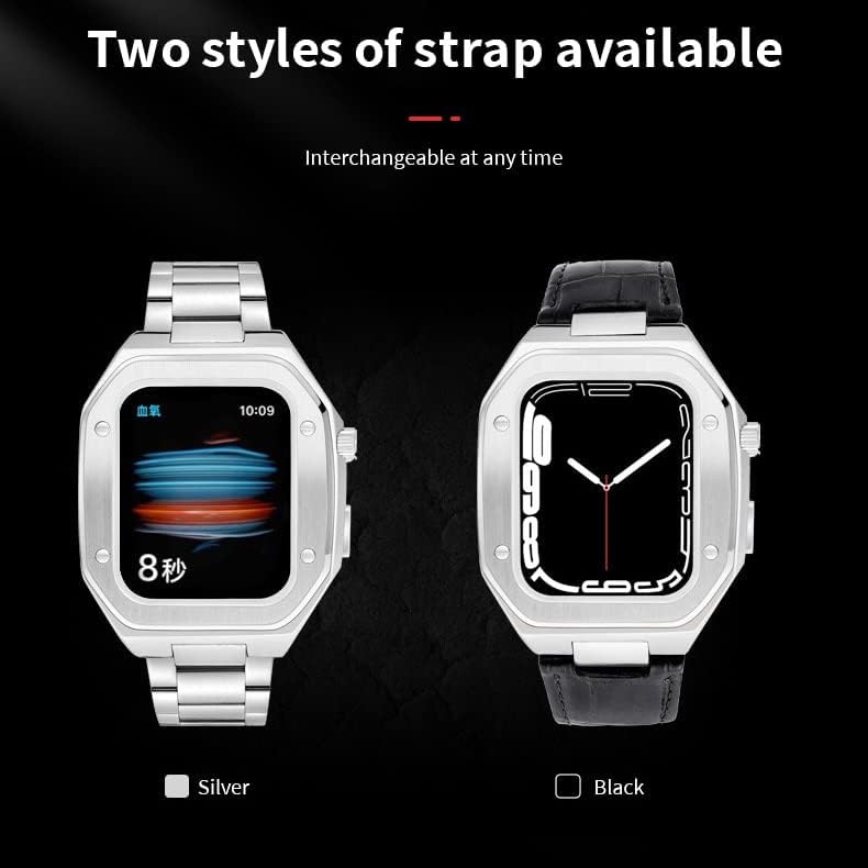 CNHKAU Луксозен метален калъф за Apple Watch Band Series 8 7 44 мм 45 мм, комплект за промяна каишка от естествена кожа, чанта за iWatch
