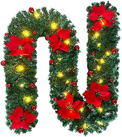 Коледна Гирлянда IronBuddy 9 метра, с осветление, Изкуствена Борова Венец с 30 светодиода, 6 Цветя и 30 Шариковыми Декорации,