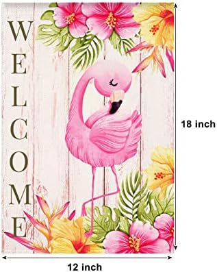 HOMFREEST Фламинго Добре Дошли Флаг Лятна Градина Тропически Розово Знаме на Птичия Двор 12x18 Инча Вертикална Двупосочна Селски Сезонни