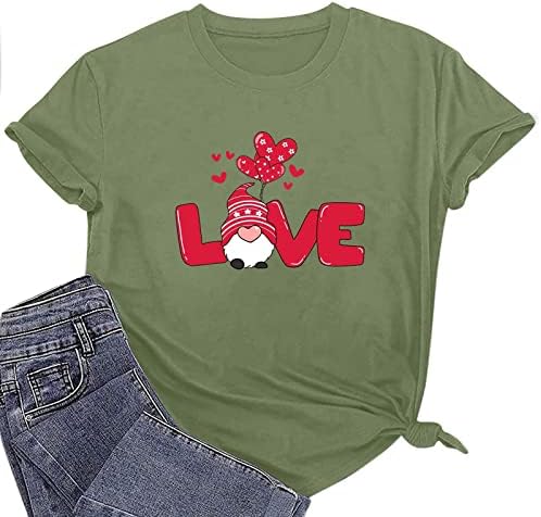 Тениска за Свети Валентин, Тениски с Надпис Love Heart, Дамски Розови Тениски с Принтом Джуджета, Сладка Туника с Къс Ръкав