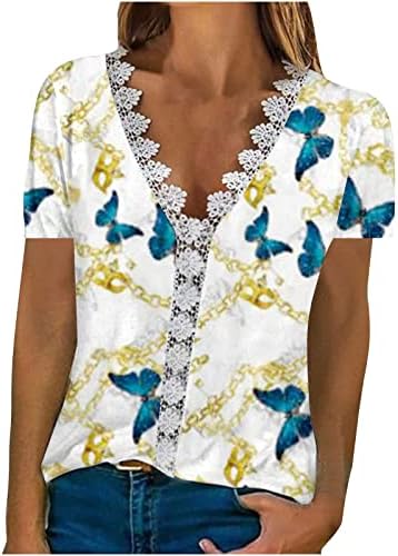 Comigeewa/ Дамски Тениски с къс ръкав и Цветна Принтом, Блузи Свободно, Намаляване, Тениски с V-образно деколте, Дантелени Ризи от Ликра