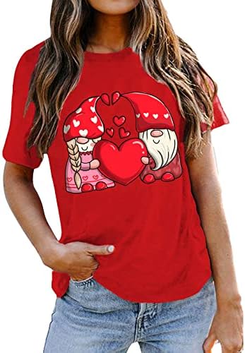 Дамски Блузи с къс ръкав, Дамски Блуза, Тениска на Свети Валентин, Скъпа Cartoony Принт на Любов, Топ с Кръгло Деколте
