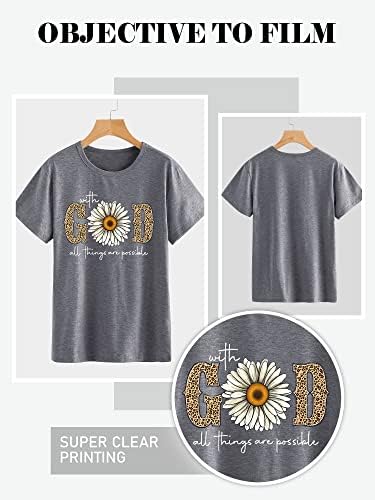 OUNAR за Бога Всичко е Възможно Тениска с Флорални Принтом Надписи на Вярата Маргаритка Леопардовый Принт Къс Ръкав Ежедневни
