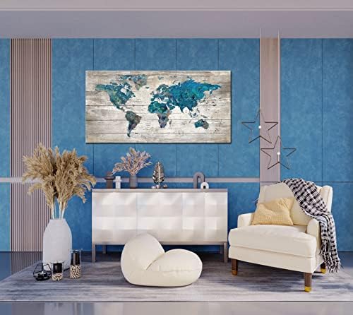 Абстрактна Акварел Синята Карта на света Платно Стенни Артистични Щампи за Хола, Офис Голяма Бирюзово-Бяло, Акварел Карта на света Картина
