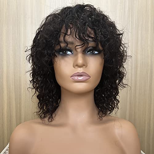 FULEISI 12 инча къса вълна от вода бразилски естествена коса бесклеевые перуки с бретон за черни жени 180 плътност (натурален