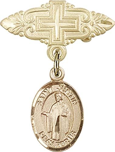 Детски икона Jewels Мания с чар Свети Джъстин и игла за бейджа с Кръст | Детски икона от 14-каратово злато с чар Свети Джъстин
