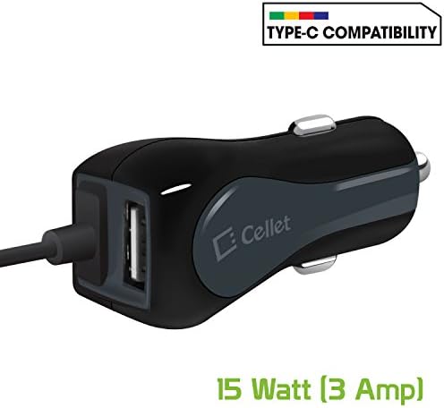 Зарядно за кола Cellet Type-C USB с висока мощност 3 Ампер (15 Вата) с допълнителен USB-порт и кабел Type-C, което е съвместимо с Apple iPad