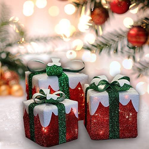 MorTime Комплект от 3 Led Подарък Кутии, Коледни Кутии със Зелени Панделки, Осветени от Червени Кутии с 60 Led Гирлянди за Коледната Украса