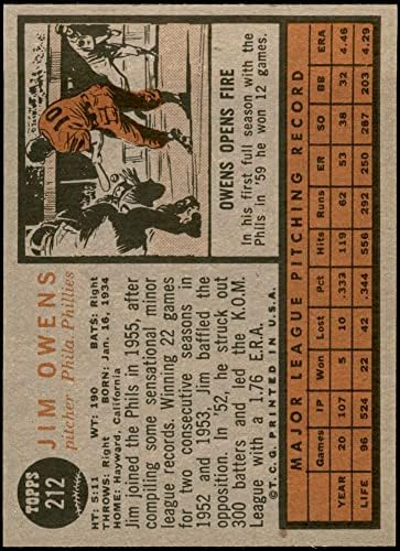 1962 Topps 212 Джим Оуенс Филаделфия Филис (Бейзболна картичка) Ню Йорк / MT Phillies