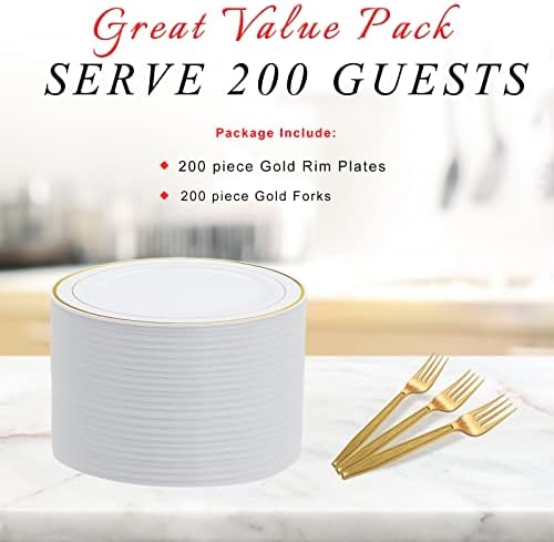 Пластмасови чинии ONEXIZ от 400 предмети с ръб от бяло злато, 200 тежки 7,5-инчов еднократна употреба празнични чинии и