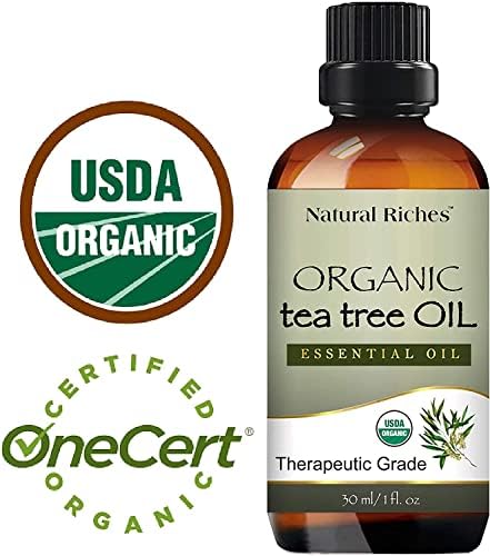 Органично масло от чаено дърво Natural Riches - Чисто, сертифицирано от Министерството на селското стопанство на САЩ органично етерично