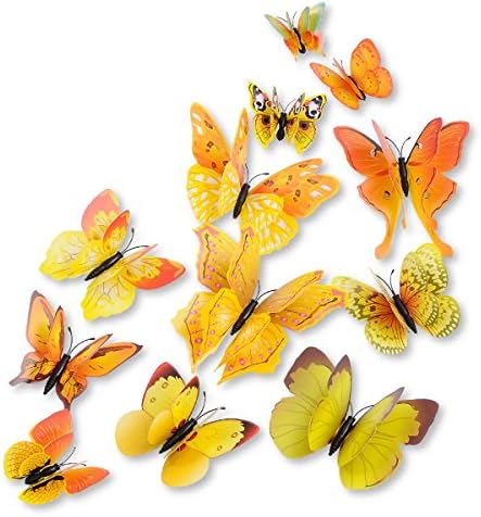 DaGou Разход от 12ШТ 3D Розови Етикети с пеперуди на стената Декор Художествени Декорации ¡ (Жълт)