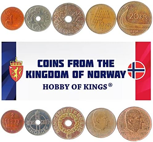 7 Монети от Норвегия | Колекция норвежки монети 1 2 5 10 25 50 Руда 1 Крона | В обращение 1951-1957 | Норвежки лъв