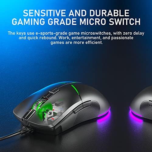 Жичен Детска мишка, Ергономична лека USB-мишка с RGB подсветка и 7 режима на осветяване до 6400 точки на инч за преносими геймъри на Windows