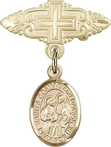 Детски икона Jewels Мания с чар Sts. Cosmas & Damian и игла за икона с Кръст | Детски икона от 14-каратово злато с чар Sts. Cosmas