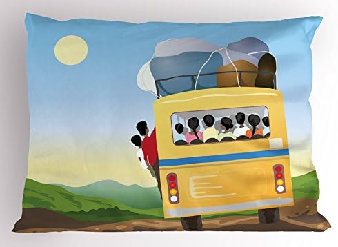 Калъфка за възглавница с анимационни модел Ambesonne, Жълт автобус, Пълен с пътници и багаж, Едущий Топло Пролетта на ден