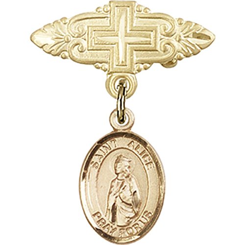 детски икона от жълто злато 14 карата с талисман Света на Алиса и игла за икона с кръст 1 X 3/4 инча