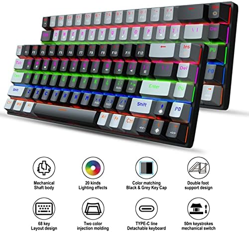 Механична клавиатура, Детска клавиатура RGB 68 клавиши, Жичен Ергономична Детска клавиатура с режима на осветление Red Shaft два цвята клавиатура Green Shaft, Компактен разме?