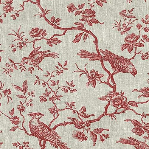 Френски текстил The Regal Birds Плат - Бордо Червен цвят на естествена ленена основа | Дизайн на принт от лен | Ширина 59 см | Увеличение