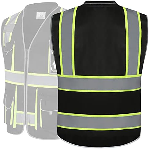Черна жилетка за безопасност JKSafety с 10 джобове с цип отпред Отговаря на стандартите ANSI / ISEA (средно 89-черен)