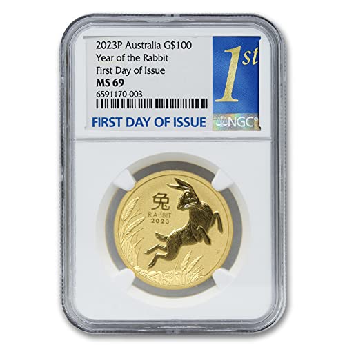 Златна монета на MS-69 Австралийската лунна серия III Year of the Rabbit с тегло 1 унция 2023 година (Първият ден на издаване) 24 хиляди