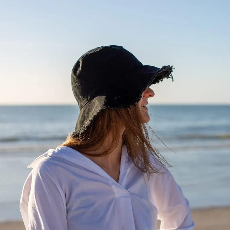 Плажна шапка-панама от потертого памук за защита от слънцето - Лятна плажна шапка от слънцето с широка периферия (3.2 инча) (Размер: S-M)