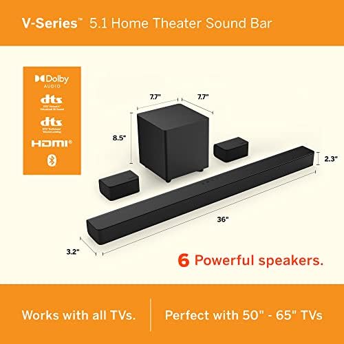 Звукова лента за домашно кино VIZIO V-Series 5.1 с поддръжка на Dolby Audio, Bluetooth, безжичен субуфер, гласов асистент,