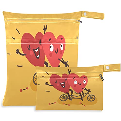 visesunny Couple Love Happy Heart Biking 2 бр., Влажна Чанта с джобове с цип, Моющаяся Множество Голям Чанта за Памперси за Пътуване,