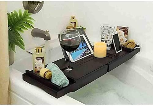 Капачка за баня Луксозна дървена Поставка за баня с плъзгащи се бортиками Вграден Държач за книги, таблети, мобилен телефон, вграден