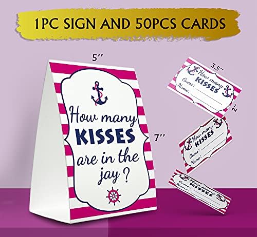 Пинк игра комплект за детската душа в морски стил (1 Стоящ знак + 50 картички, за да познае) Познай Колко Целувки в душата на детето,