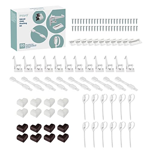Комплект за защита от деца Inaya Complete 50 бр. Deluxe Baby Проверка Kit - Гъвкави Скрити детски ключалки за шкафове и чекмеджета, Регулируеми